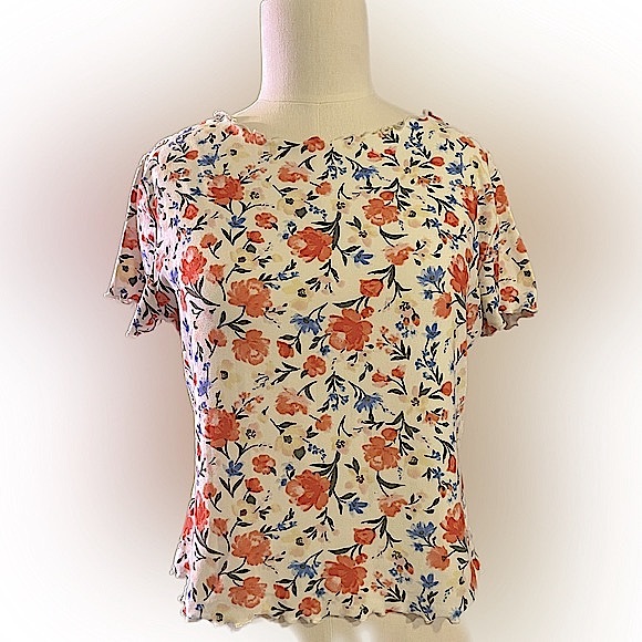 Peach Floral Scalloped Hem Baby Tee Large - Picture 1 of 4